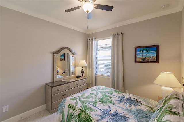 bedroom featuring ceiling fan, light tile patterned flooring, and ornamental molding