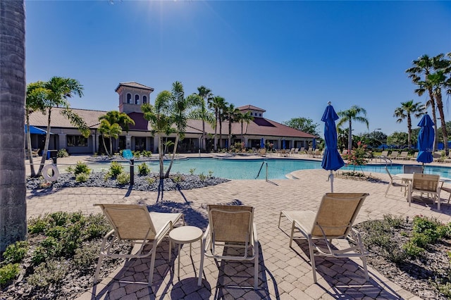 view of swimming pool featuring a patio area