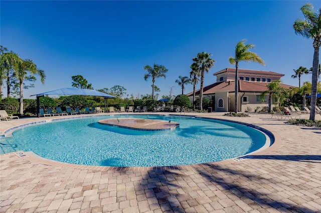 view of swimming pool featuring a patio area