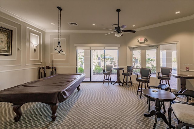 recreation room with carpet, ceiling fan, crown molding, and pool table