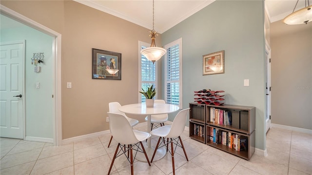 tiled dining space with crown molding