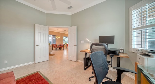 home office featuring ceiling fan with notable chandelier, light tile patterned floors, and crown molding