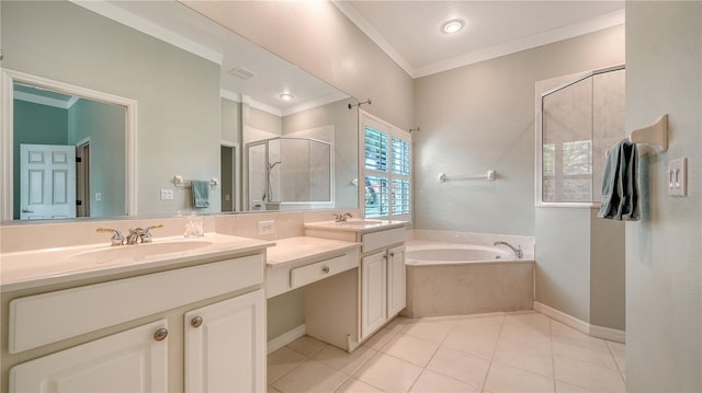 bathroom with tile patterned floors, vanity, independent shower and bath, and ornamental molding