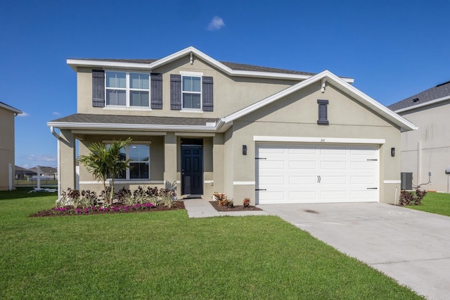 traditional home featuring driveway, stucco siding, roof with shingles, cooling unit, and a front yard