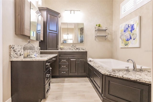 bathroom featuring a washtub, vanity, and hardwood / wood-style flooring