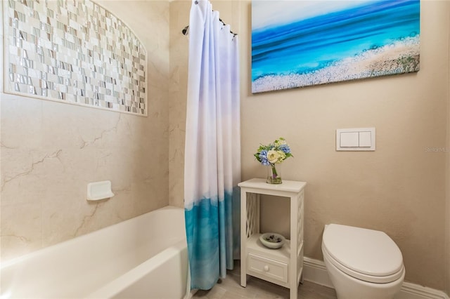 bathroom featuring toilet and shower / bathtub combination with curtain