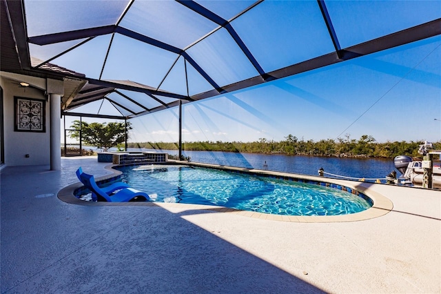 view of swimming pool with a lanai, a jacuzzi, pool water feature, a water view, and a patio