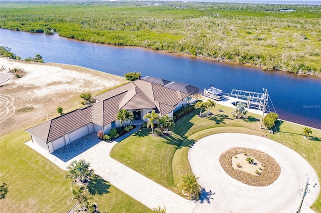 aerial view featuring a water view