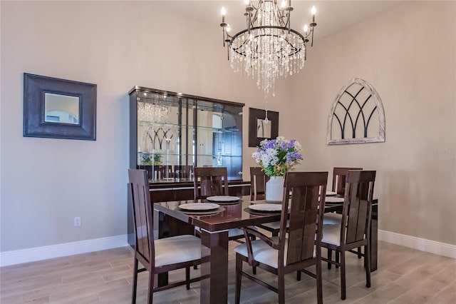 dining room with wood-type flooring and a notable chandelier