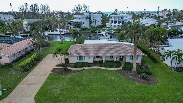 aerial view featuring a water view