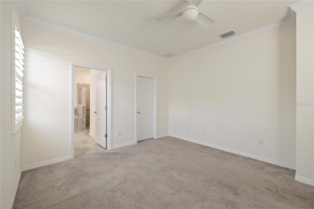 unfurnished bedroom with connected bathroom, ceiling fan, light carpet, and ornamental molding