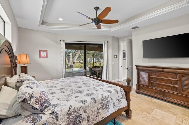 bedroom featuring access to outside, a raised ceiling, ceiling fan, and ornamental molding