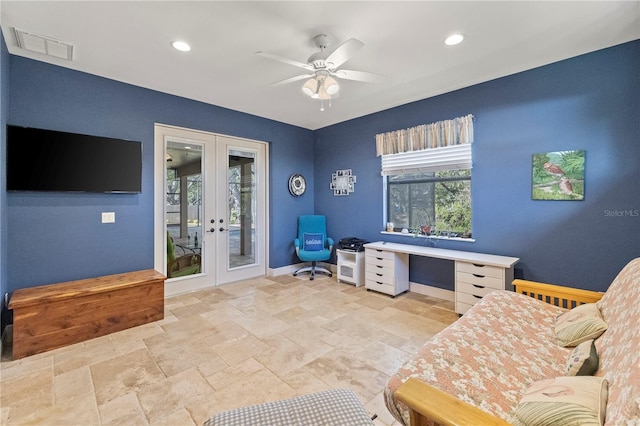 office space with ceiling fan and french doors