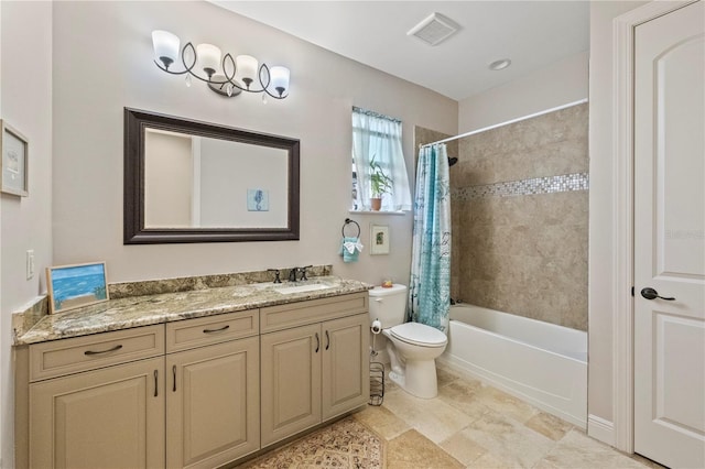 full bathroom featuring vanity, toilet, and shower / bathtub combination with curtain