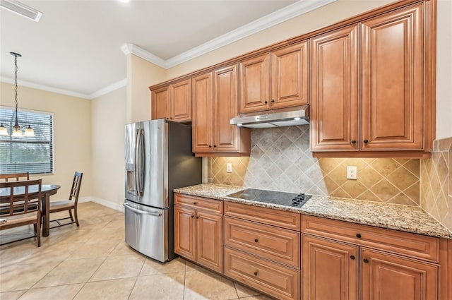 kitchen with black electric stovetop, stainless steel refrigerator with ice dispenser, ornamental molding, light tile patterned floors, and a chandelier