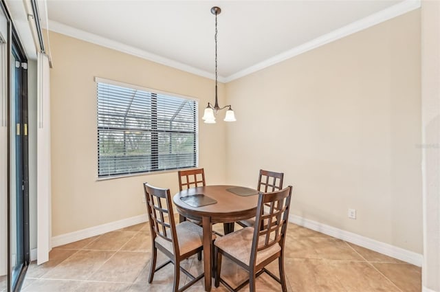 dining room featuring crown molding, light tile patterned floors, and a chandelier