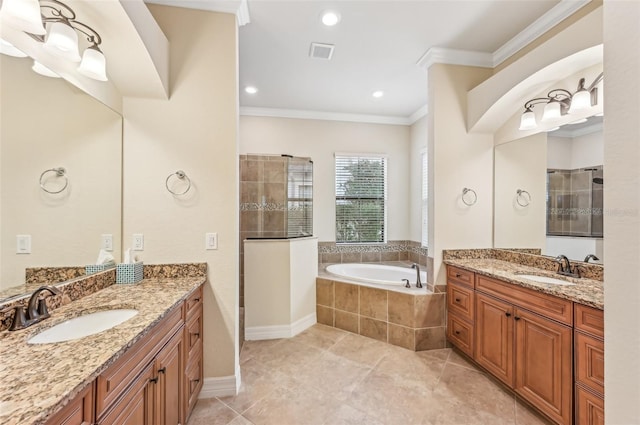 bathroom featuring tile patterned floors, vanity, shower with separate bathtub, and crown molding