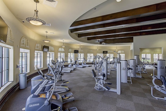 workout area with ceiling fan