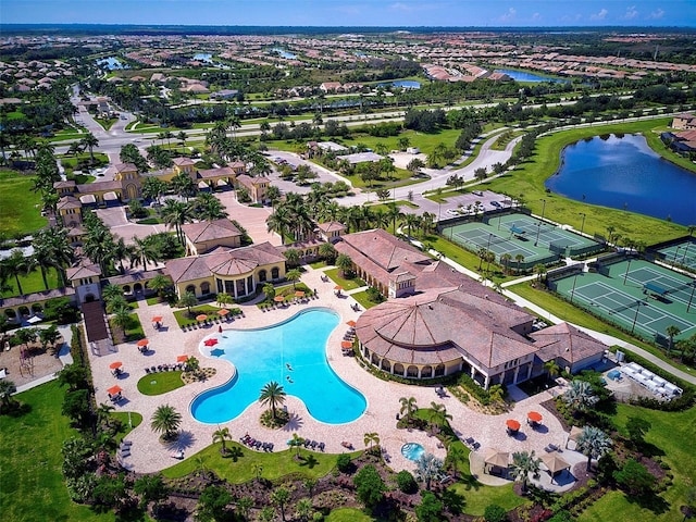 aerial view featuring a water view