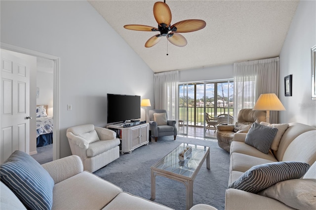 living room with carpet flooring, ceiling fan, a textured ceiling, and high vaulted ceiling