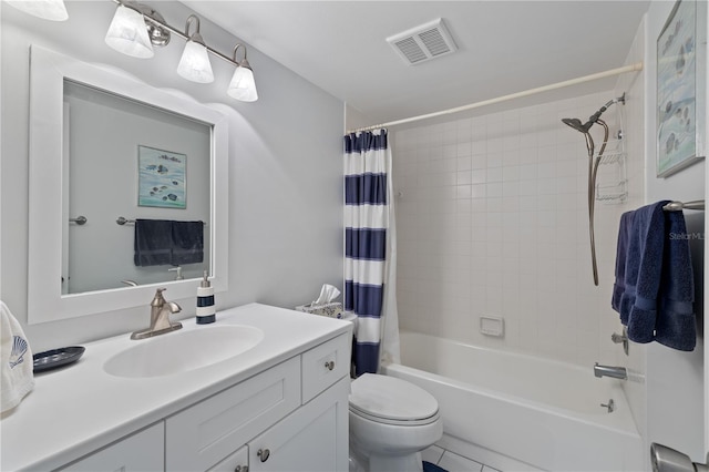 full bathroom featuring vanity, toilet, and shower / tub combo with curtain