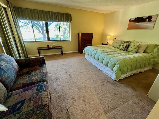 carpeted bedroom featuring a textured ceiling