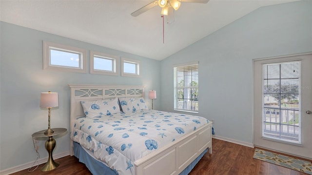 bedroom with ceiling fan, dark hardwood / wood-style flooring, and vaulted ceiling