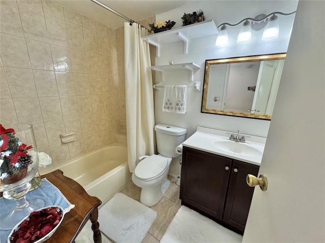 full bathroom with shower / tub combo, vanity, toilet, and tile patterned floors