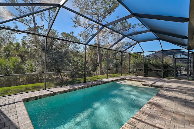 view of swimming pool with a lanai and a patio area