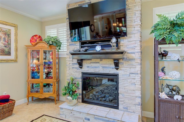 tiled living room with a stone fireplace and ornamental molding