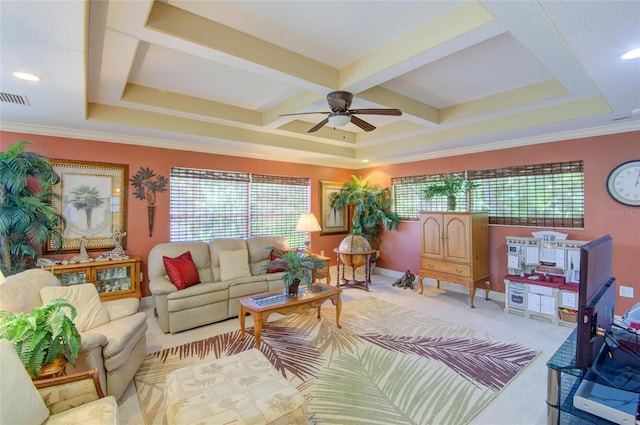 carpeted living room with beamed ceiling, ceiling fan, ornamental molding, and coffered ceiling