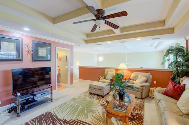 carpeted living room featuring ceiling fan and crown molding