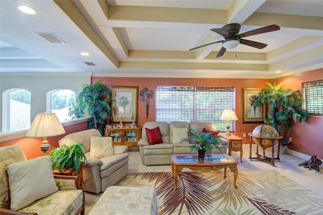 living room with light colored carpet, a raised ceiling, ceiling fan, and crown molding