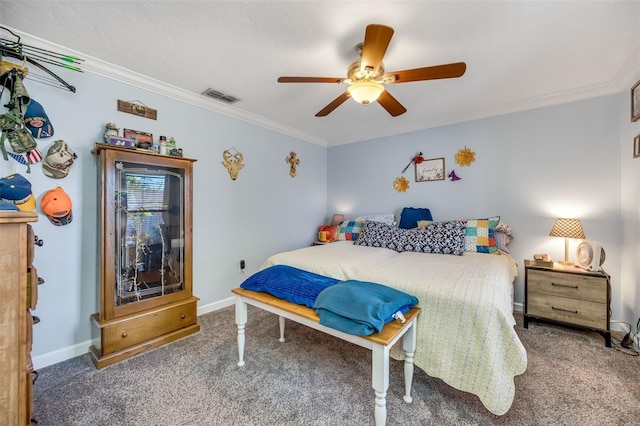 bedroom with dark colored carpet, ceiling fan, and ornamental molding