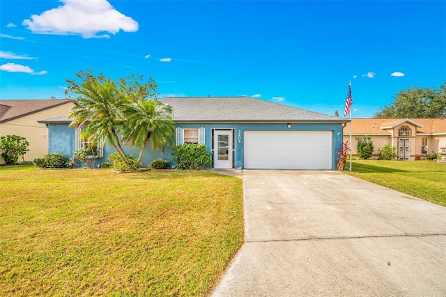 ranch-style house with a front yard and a garage