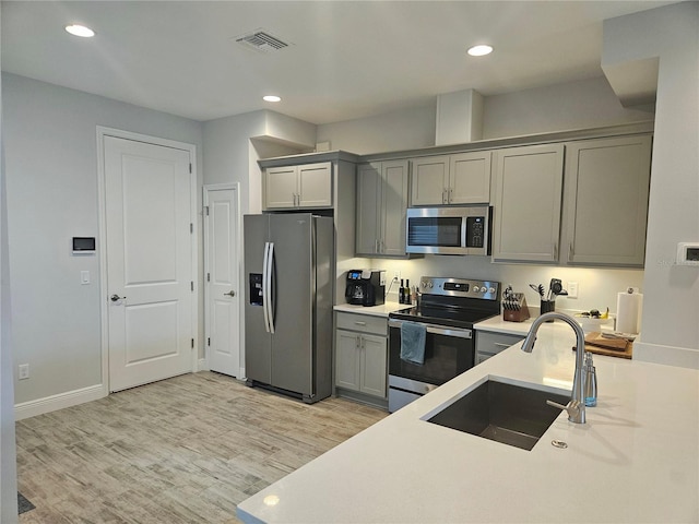 kitchen with gray cabinets, sink, appliances with stainless steel finishes, and light hardwood / wood-style flooring