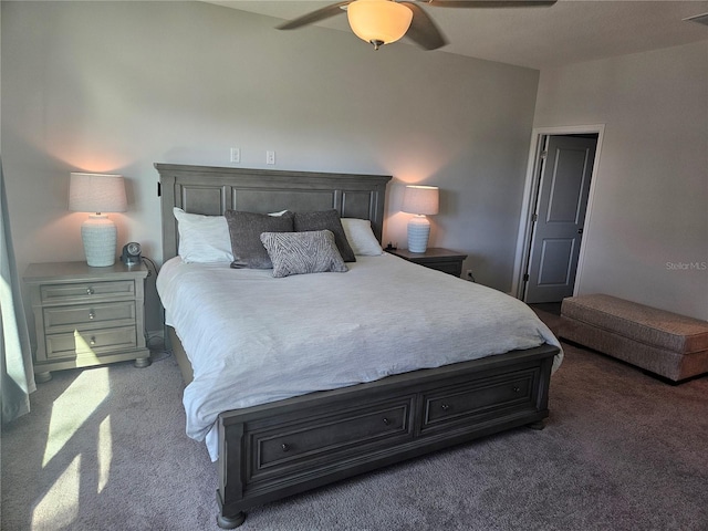 carpeted bedroom with ceiling fan