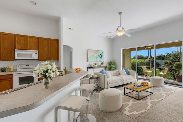 living room with ceiling fan and a high ceiling