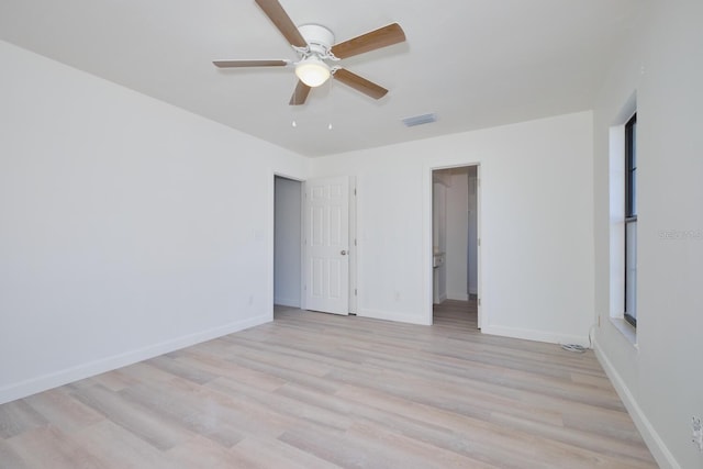 unfurnished bedroom with light hardwood / wood-style flooring and ceiling fan