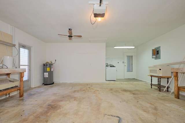 garage with electric panel, electric water heater, ceiling fan, washer / clothes dryer, and a garage door opener