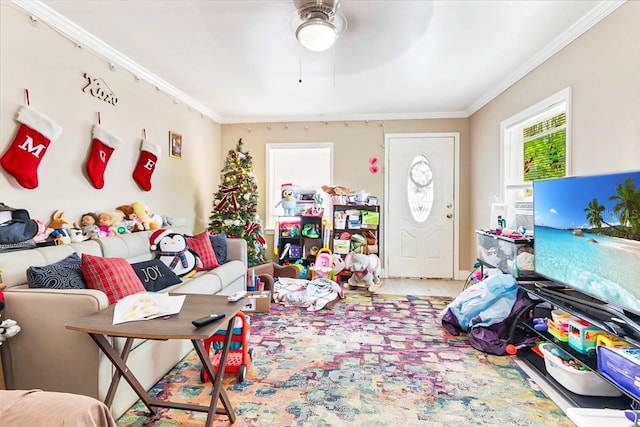 living room with ornamental molding