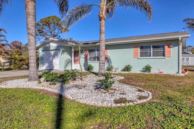 view of front of house with a front yard and a garage