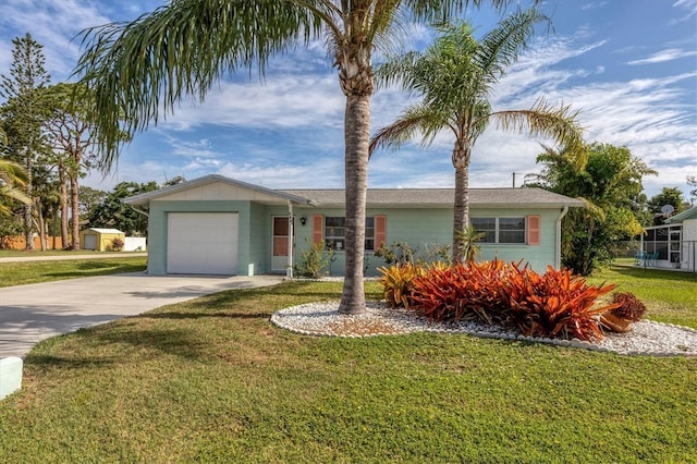 view of front of property with a garage and a front lawn