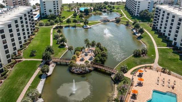 bird's eye view with a water view