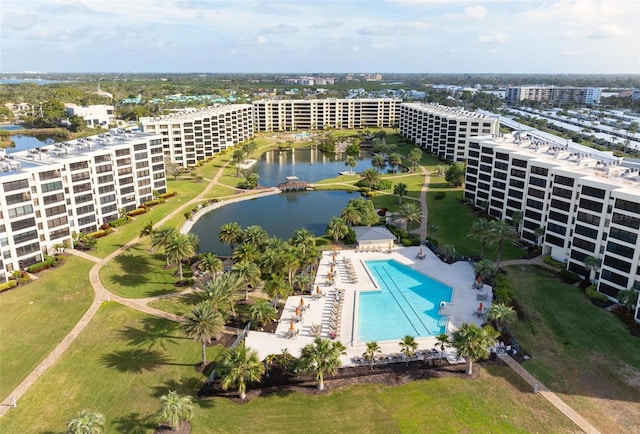 drone / aerial view with a water view