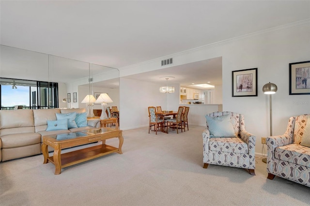 carpeted living room featuring crown molding