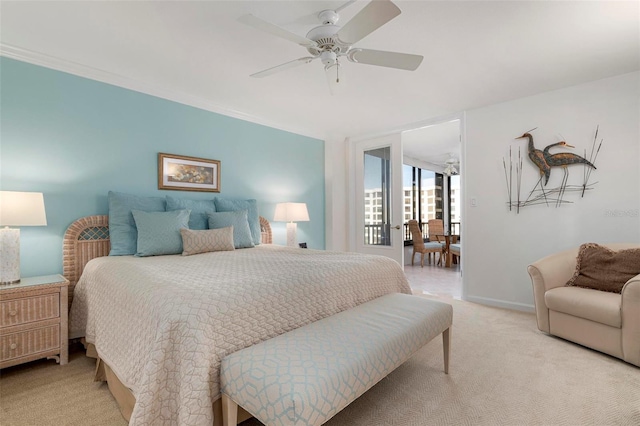 bedroom with light colored carpet and ceiling fan