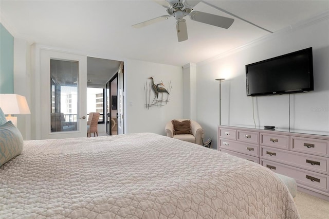 bedroom with light carpet, ceiling fan, and ornamental molding