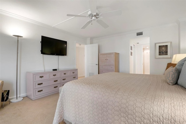 bedroom featuring light carpet, ceiling fan, and ornamental molding