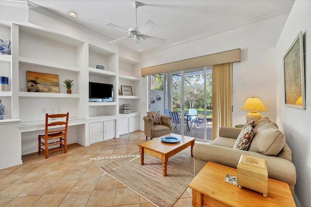 tiled living room featuring built in shelves, ceiling fan, crown molding, and a textured ceiling